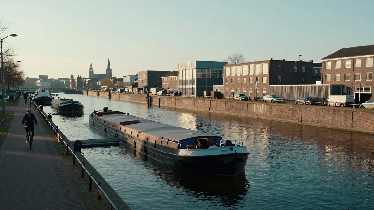 Waterfront met fietsers en uitzicht over het IJ bij ochtendlicht.