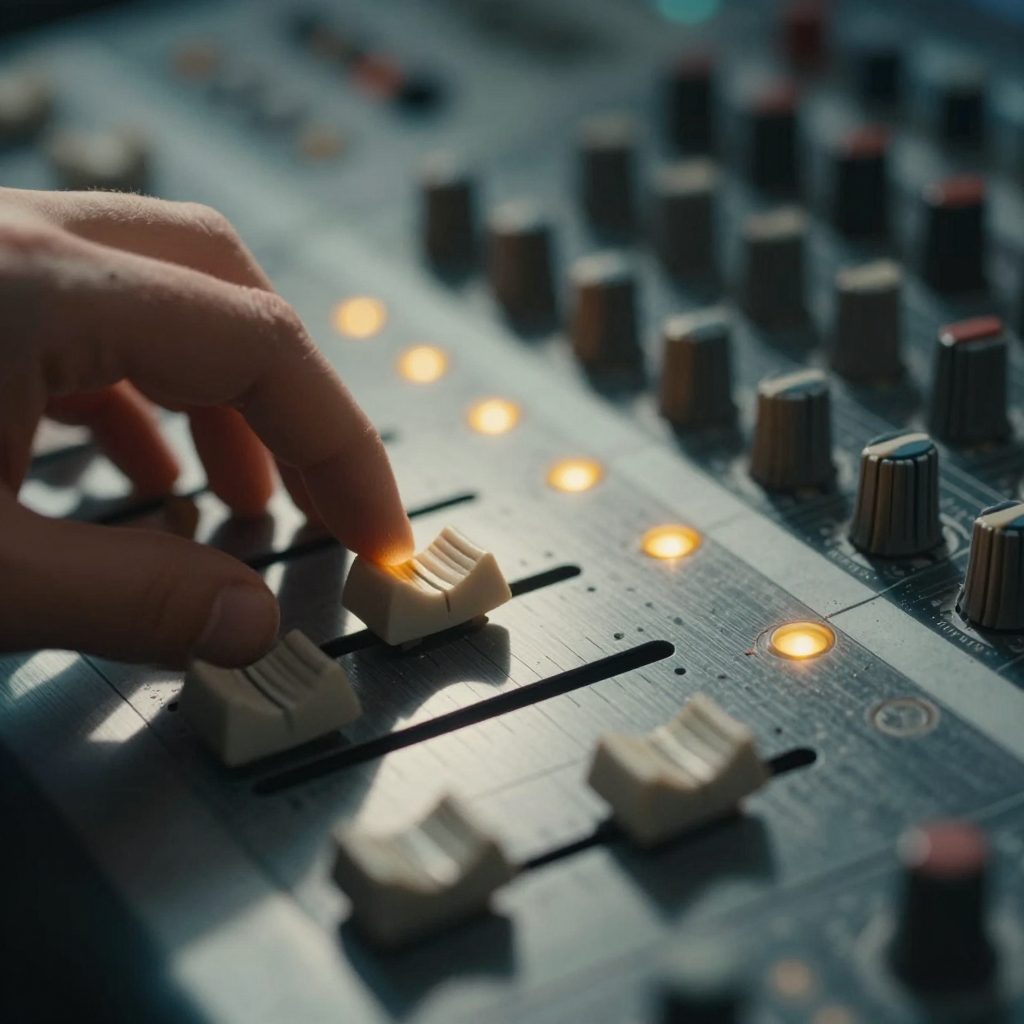 Close-up van hand op een fader van een mengtafel.