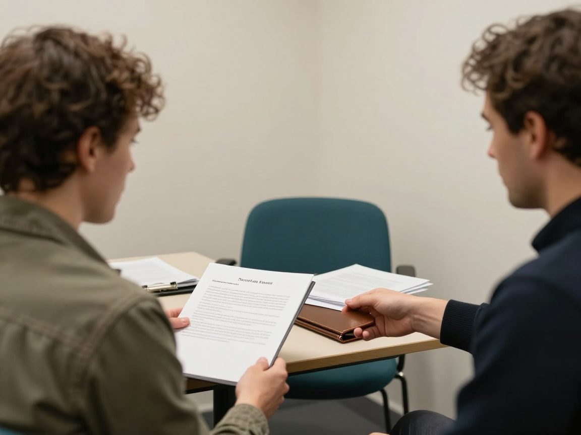 Two people discussing documents at a table in the studio.