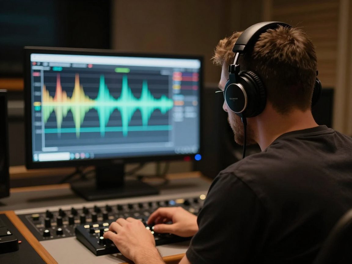 Mastering engineer luistert op koptelefoon in een gedimde suite.