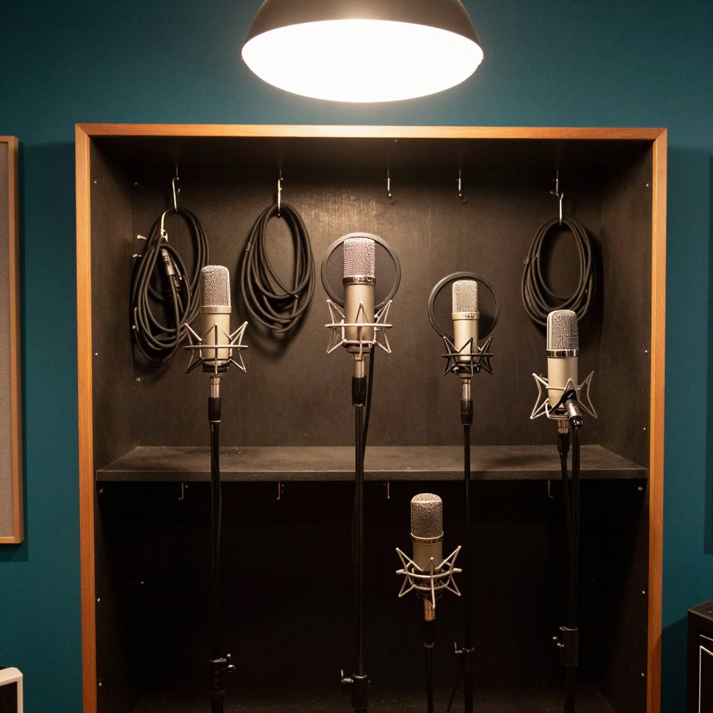 Microphones and cables stored in a studio locker.