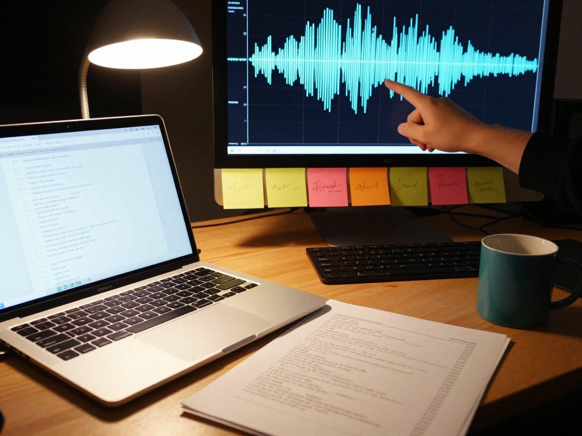 Engineer discussing a track list and plan at a work desk.