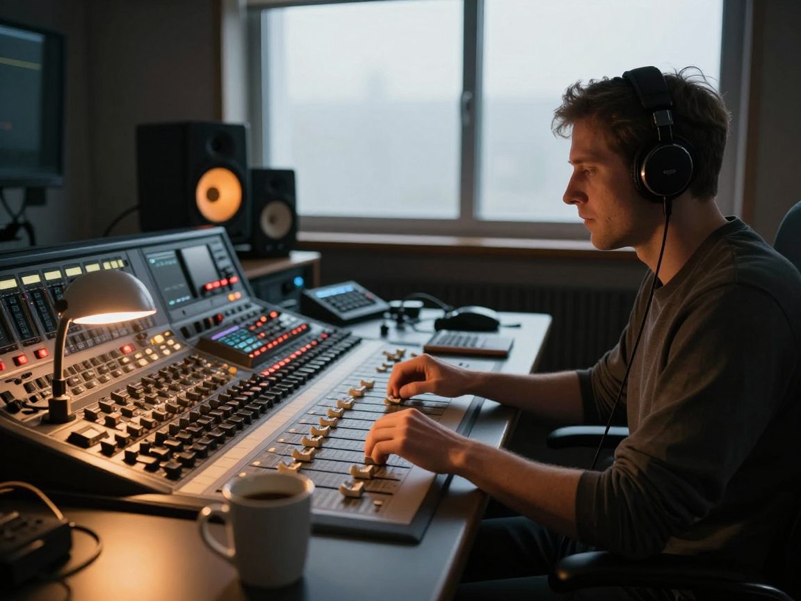 Mix engineer bedient een mengtafel met monitors in de control room.