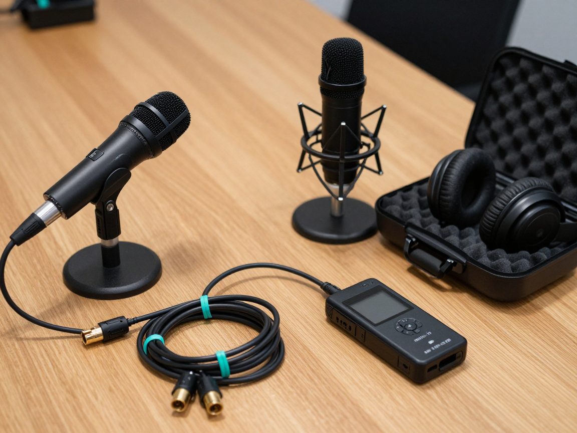 Podcast microphones, cables and a recorder on a wooden table.
