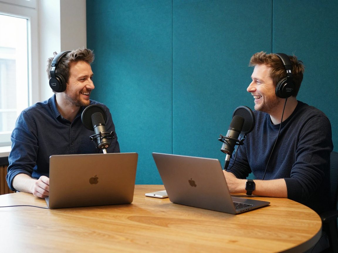 Twee gasten met koptelefoons praten bij tafelmicrofoons voor podcast.