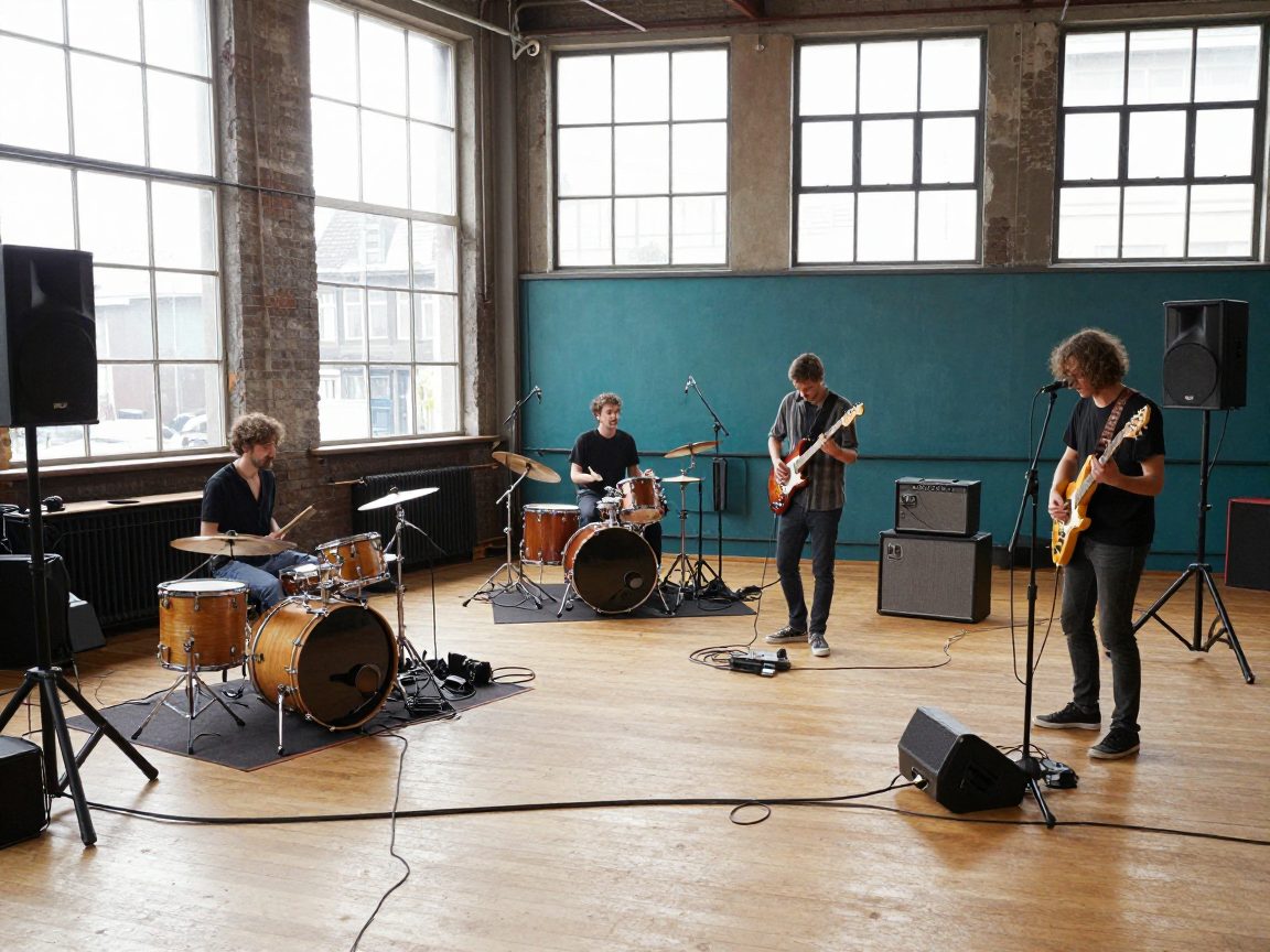 Band repeteert met drums en gitaren in een grote live room.