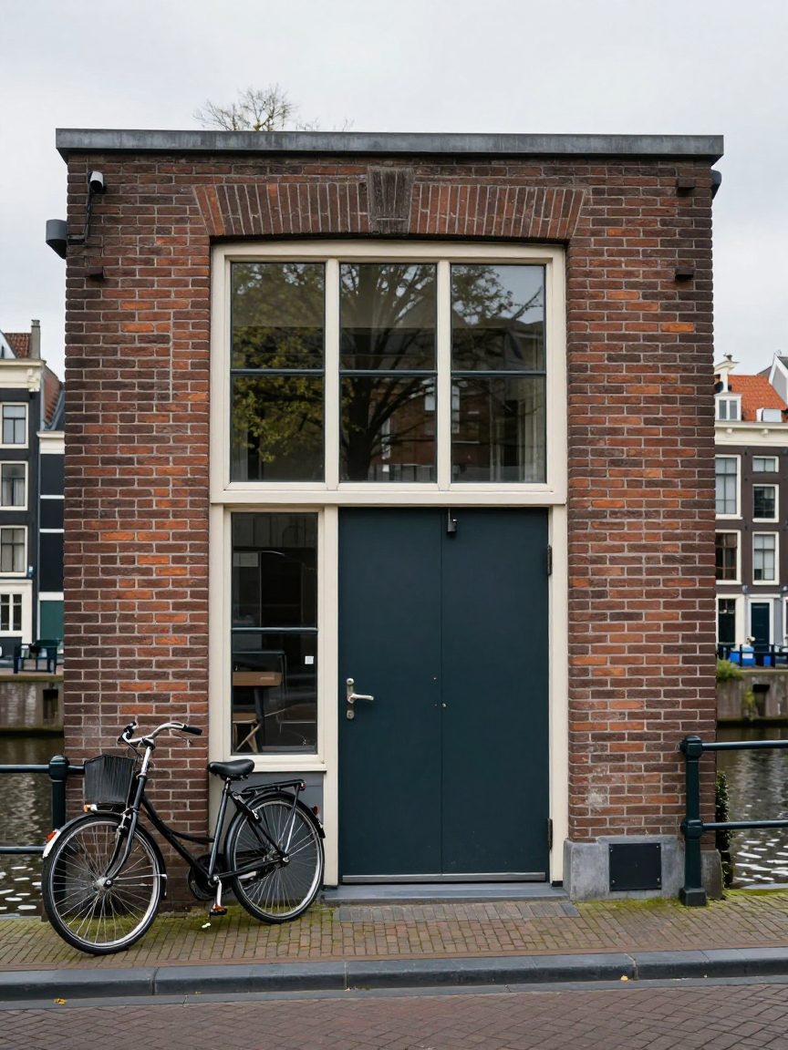Studio entrance and bicycle by the façade near the water.
