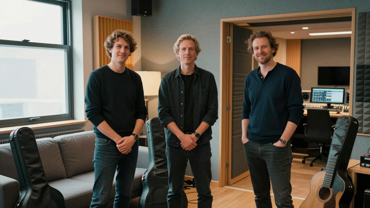 Drie teamleden staan informeel in de studio lounge.