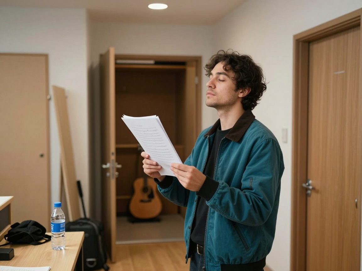 Singer warming up in a hallway with water and lyric sheet.