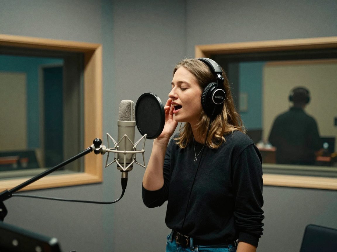 Zangeres met koptelefoon voor microfoon in een vocal booth.